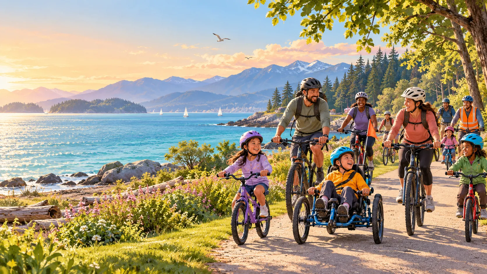 Illustration of families, volunteers and an adaptive tricycle sharing a coastal bike ride