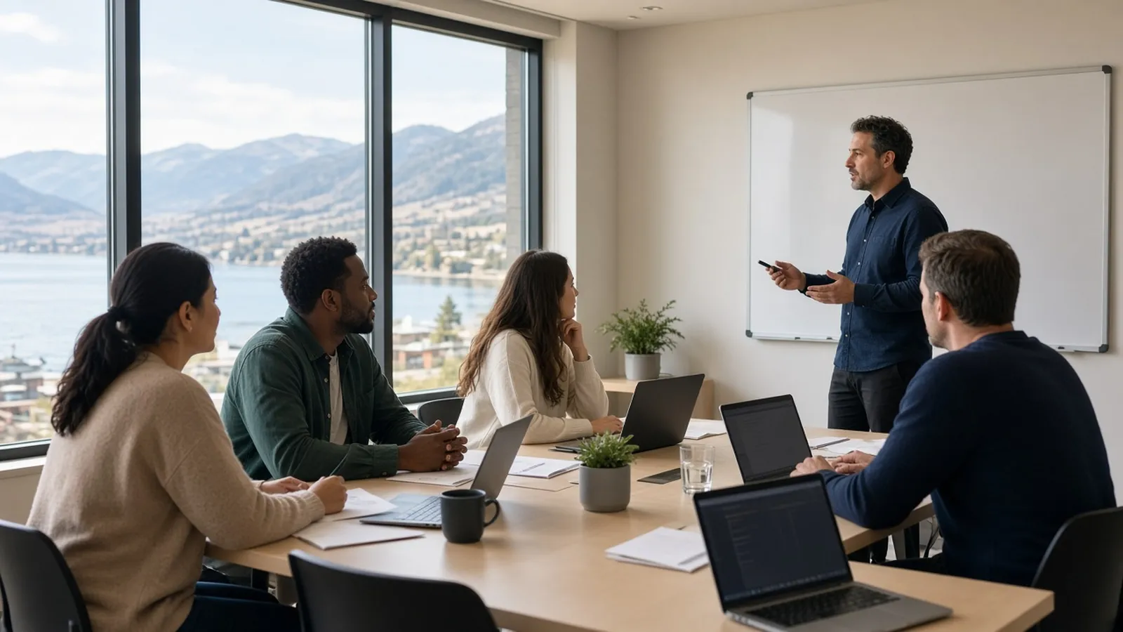 Career training workshop in a bright Kelowna classroom overlooking the lake
