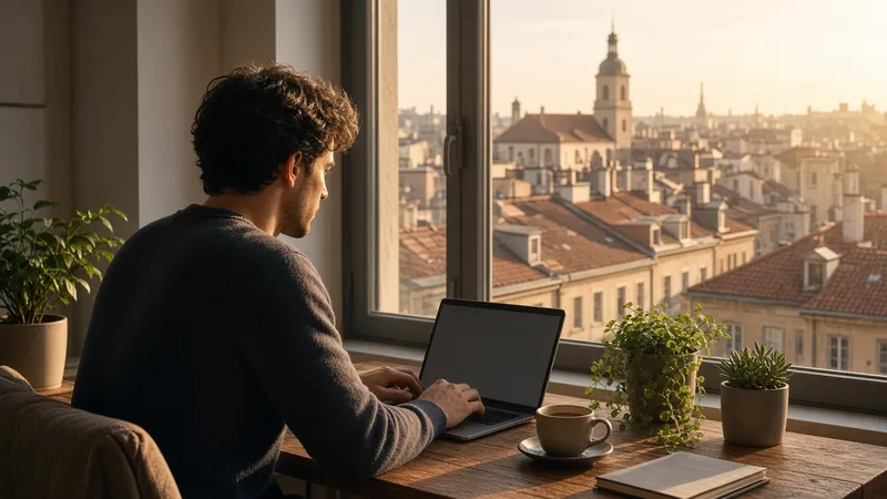 Remote worker overlooking a European old town
