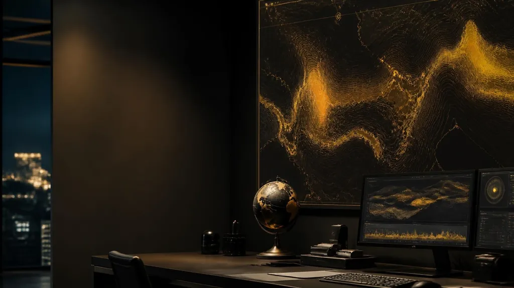 A dark operations room with a wall display of a gold terrain and risk map, monitors and a globe