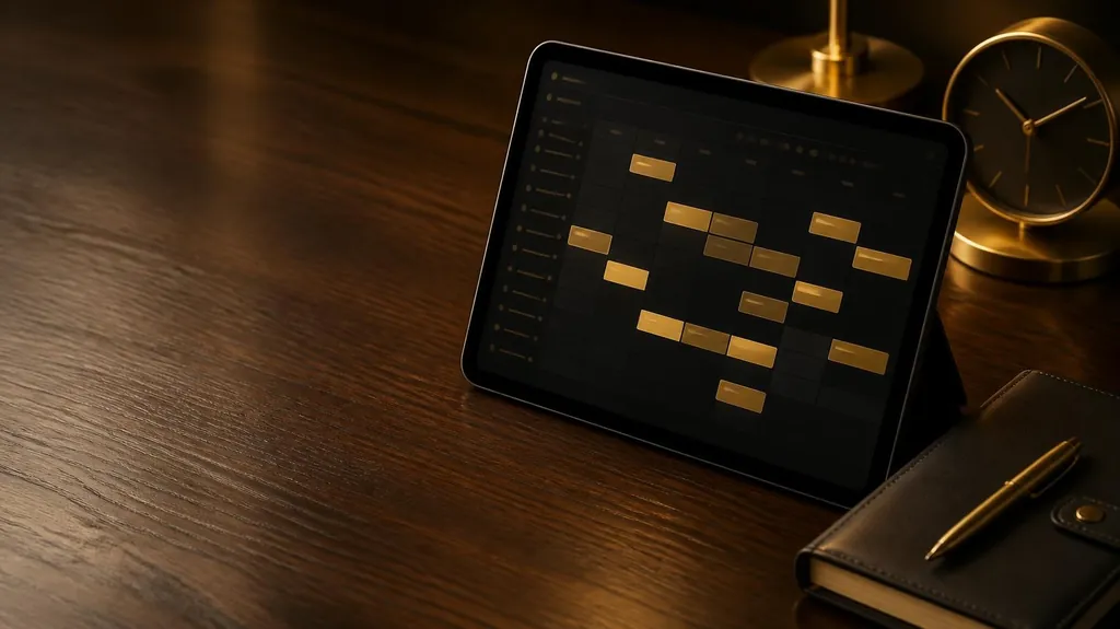 A tablet showing a weekly calendar with gold booked time blocks beside a brass clock and leather planner