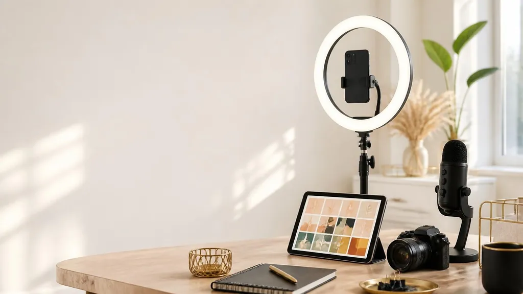 A bright content studio with a phone on a ring-light tripod, a camera, a microphone and a tablet of content tiles