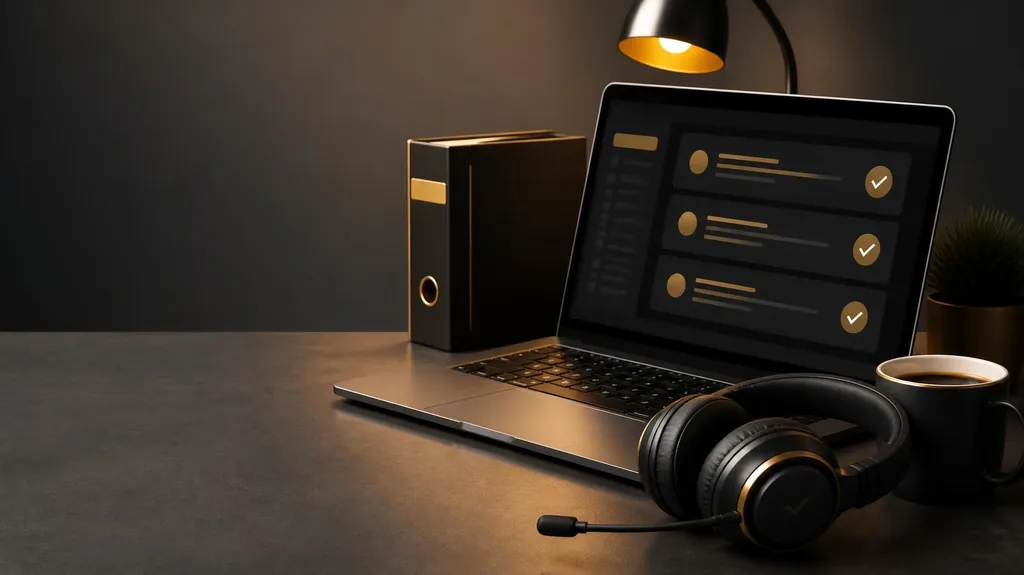 A headset beside a laptop showing a column of support tickets with gold checkmarks