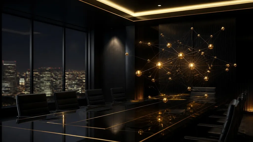 Glowing gold network nodes connected by fine lines above a dark boardroom table with city lights beyond the windows