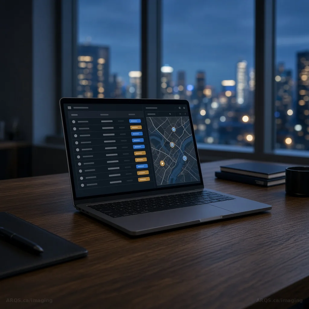Laptop on an oak boardroom table showing a scored prospect list and map with city lights behind