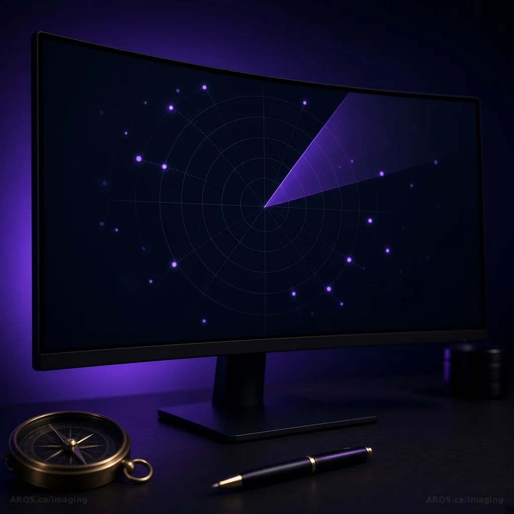 Curved monitor in a violet-lit studio showing a radar sweep chart beside a brass compass and pen