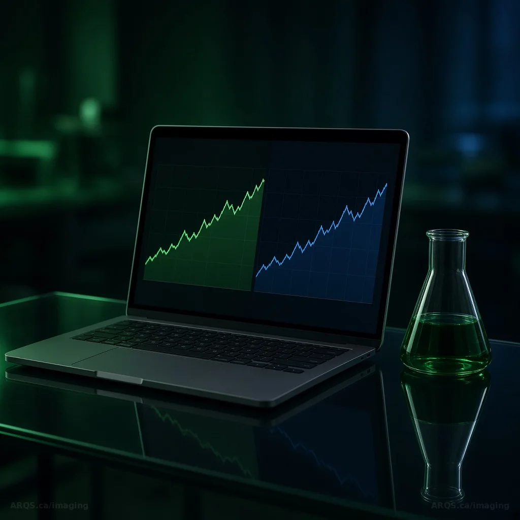 Laptop on a black glass desk showing green and blue A/B test charts beside a flask of emerald liquid