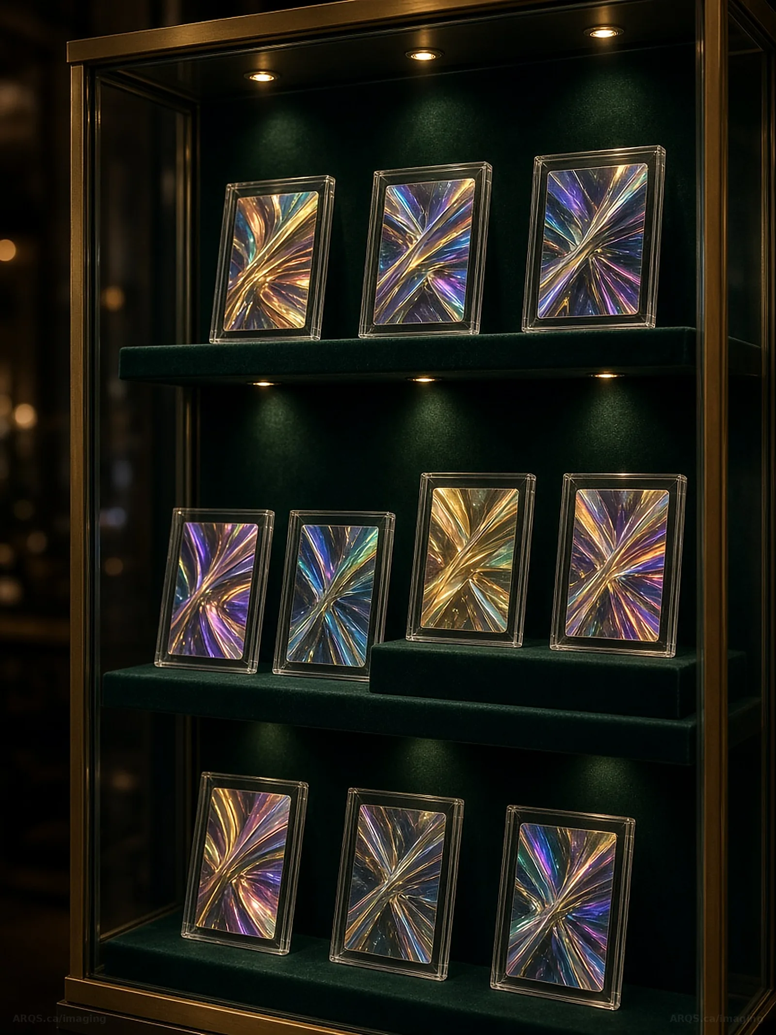 A lit cabinet of graded slabs