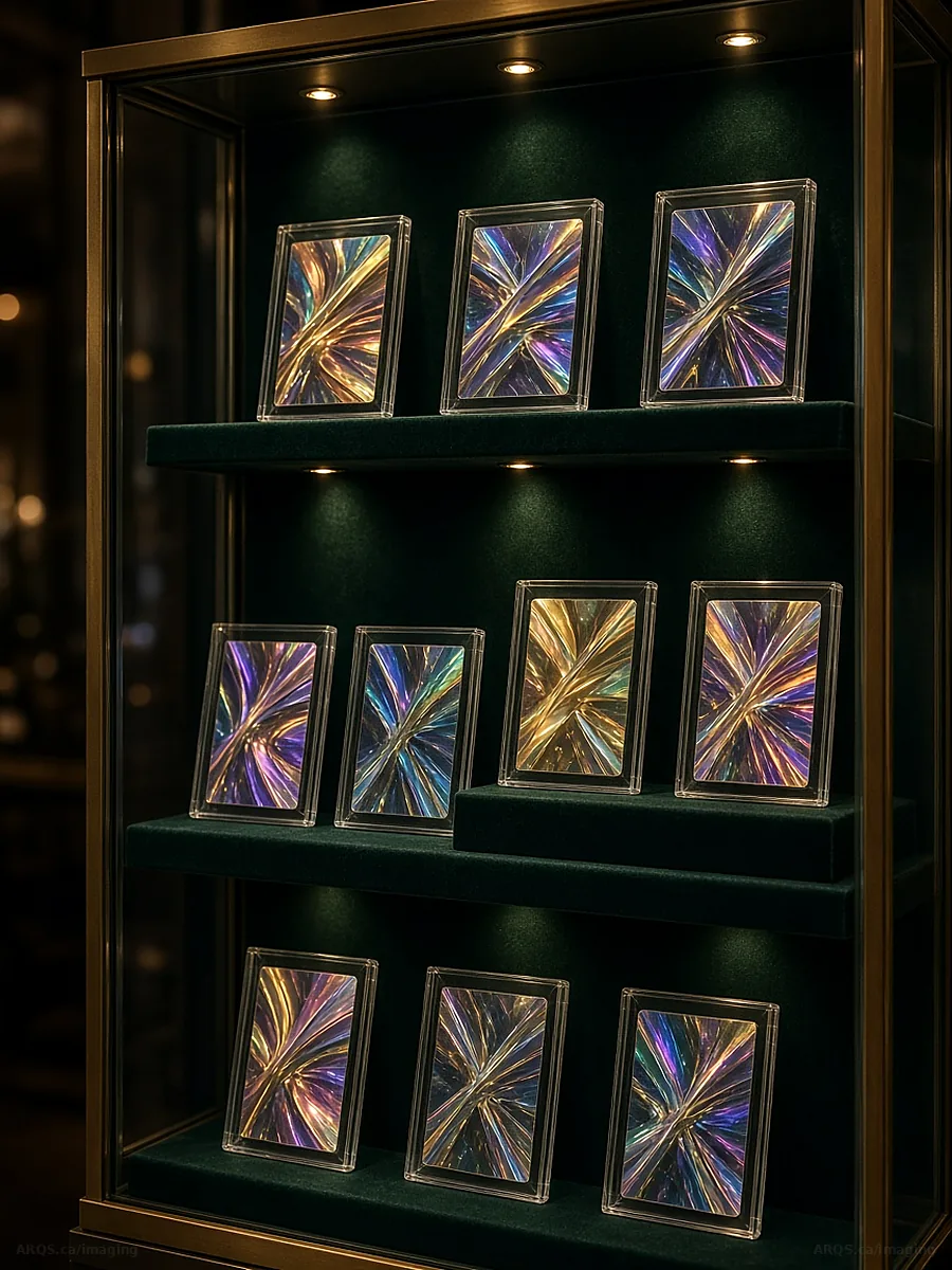 A lit cabinet of graded slabs