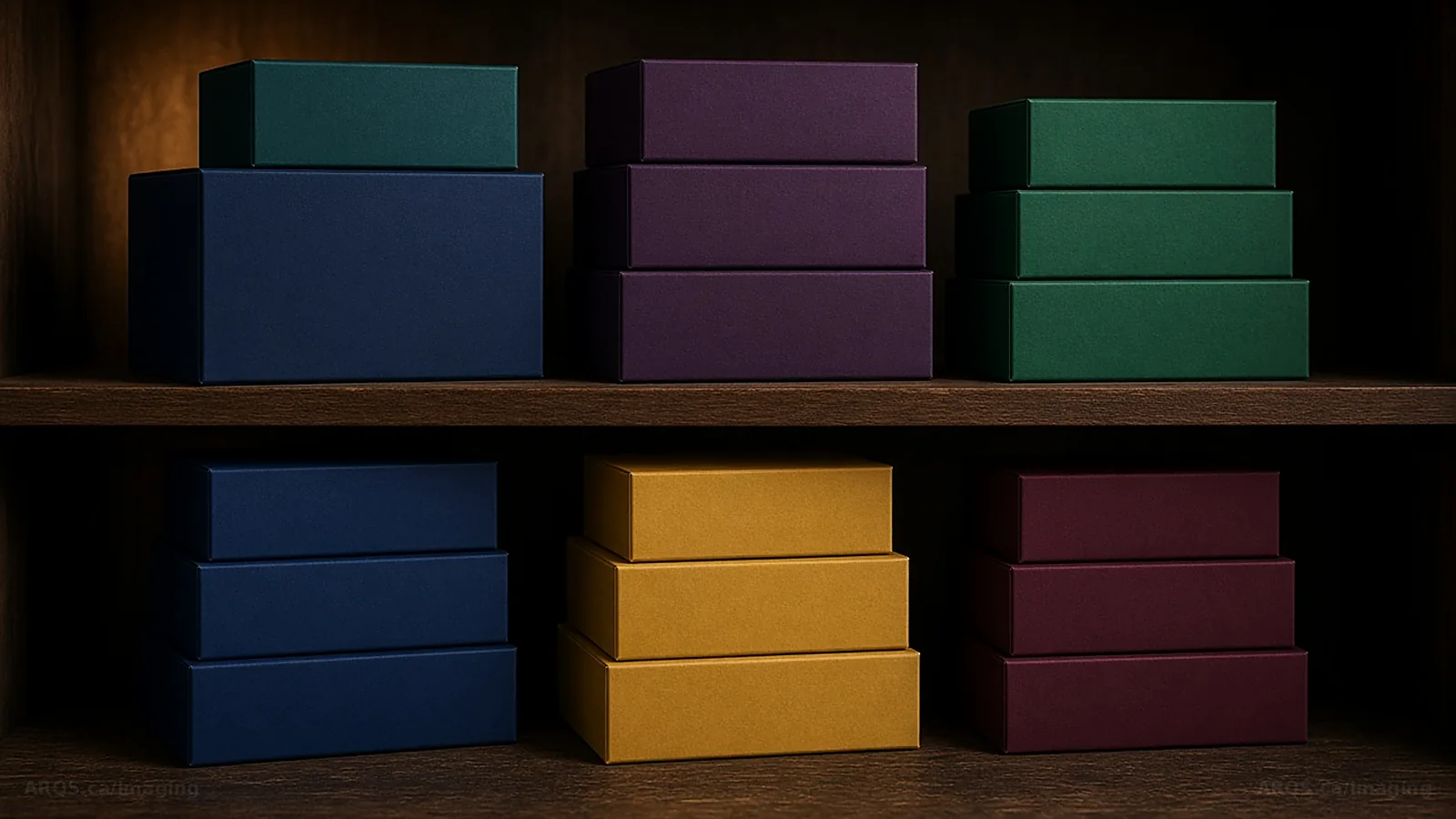 Sealed boxes on a collector shelf