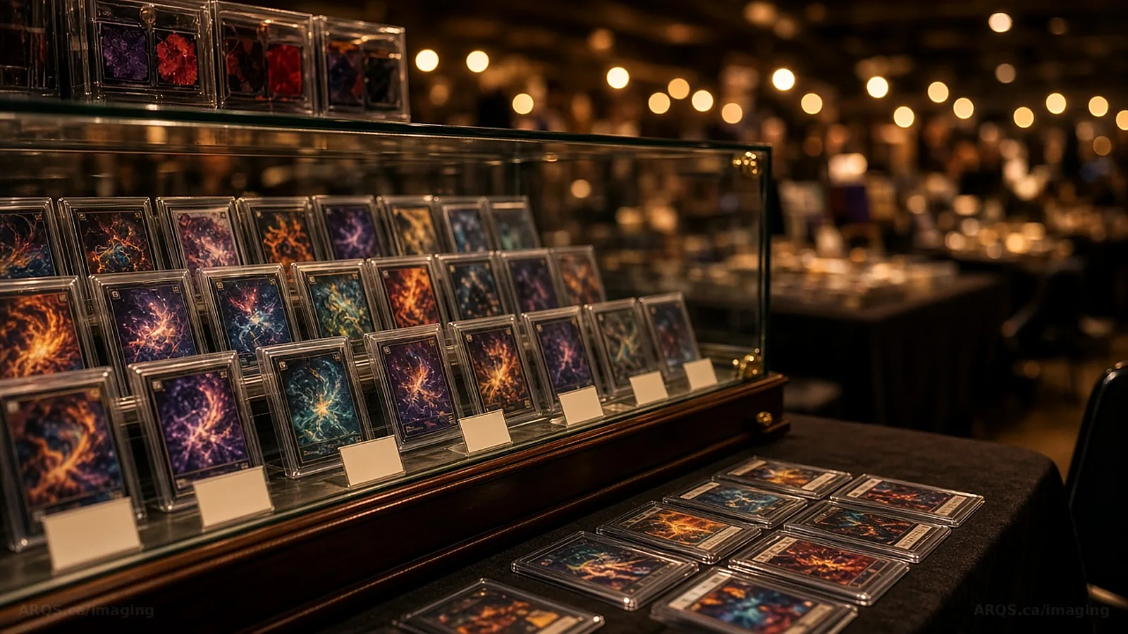 A card show display case of graded slabs