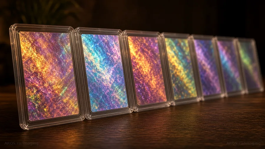 Graded card slabs lined up on a walnut table