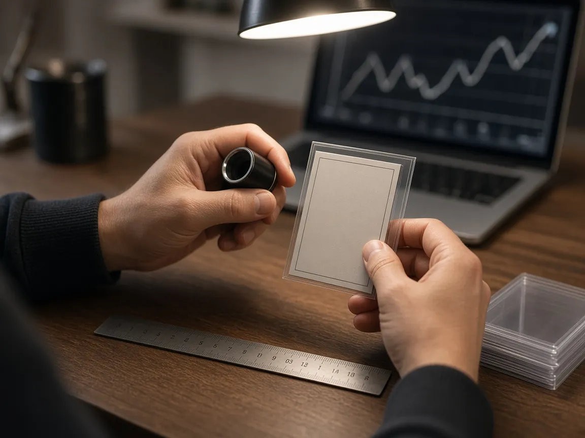A collector inspects a card with a loupe