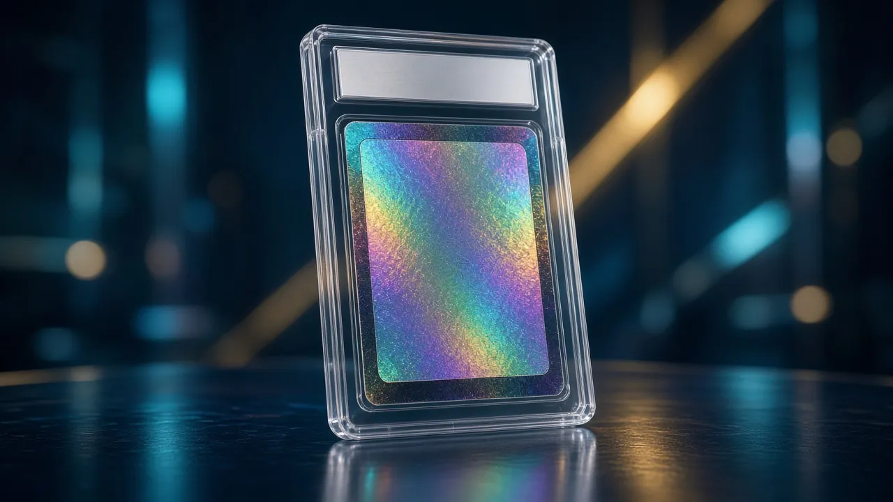 A graded card in a clear slab under studio light