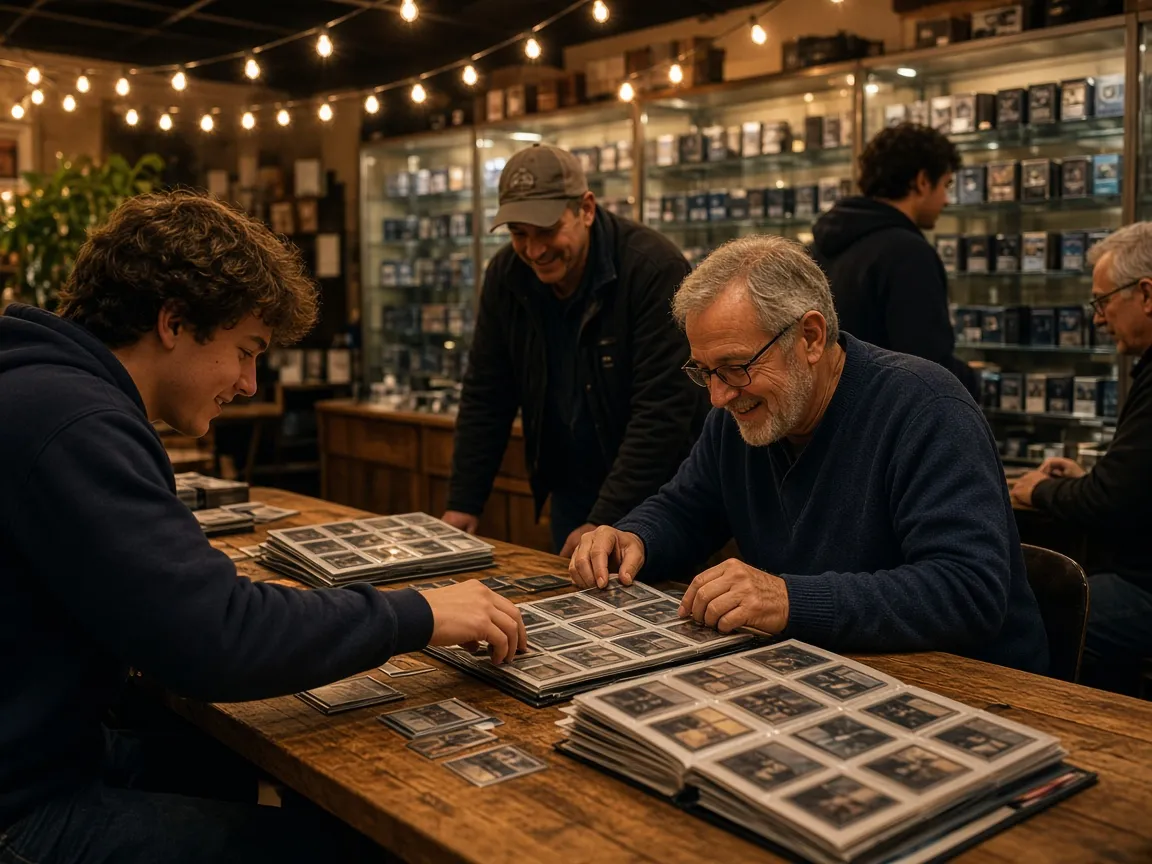 Collectors trading cards at a local shop trade night