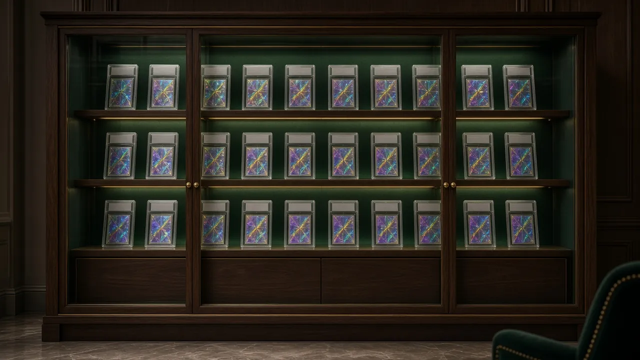 A lit display cabinet of graded card slabs