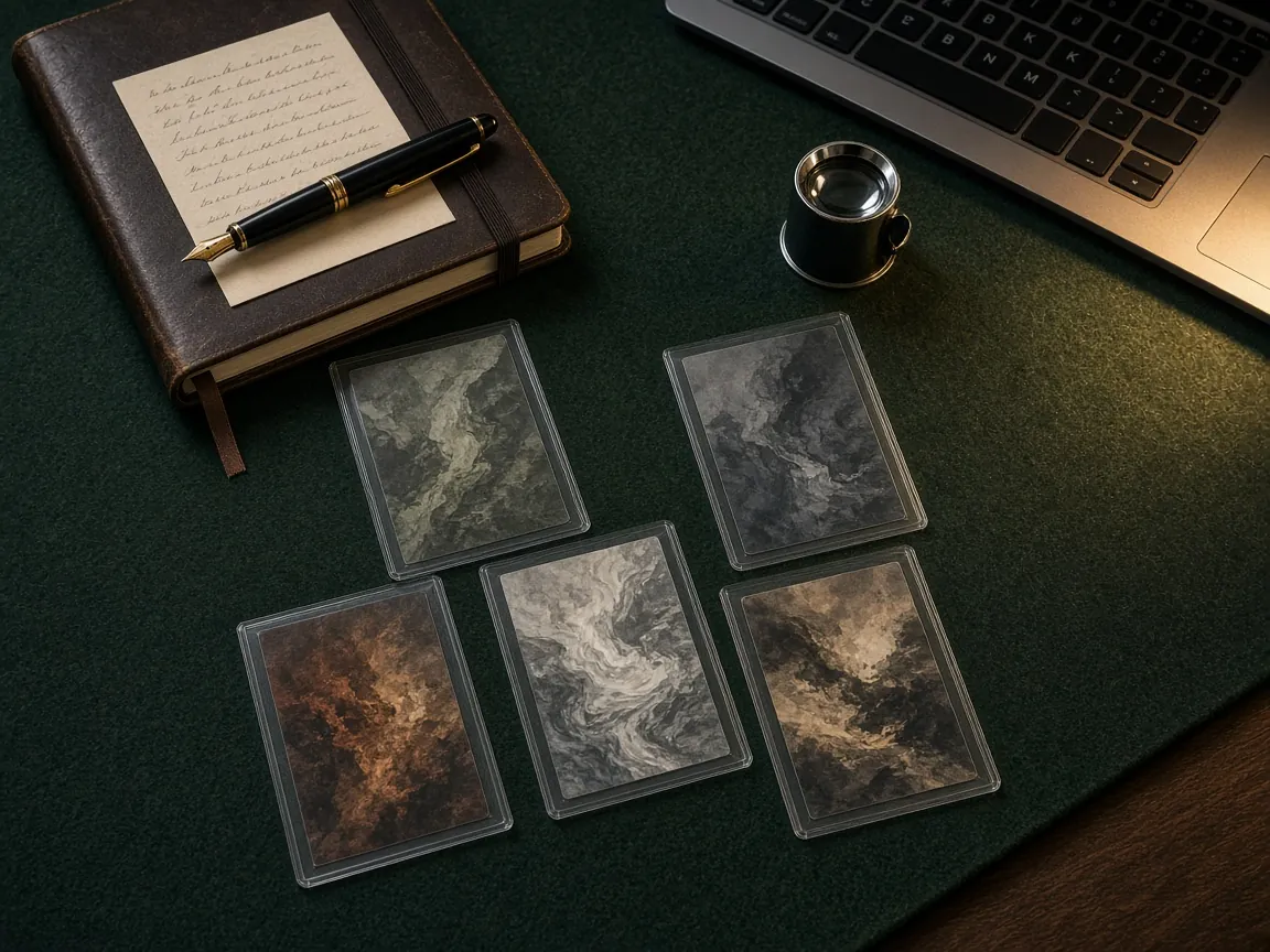A card research desk with sleeved cards, notebook and loupe