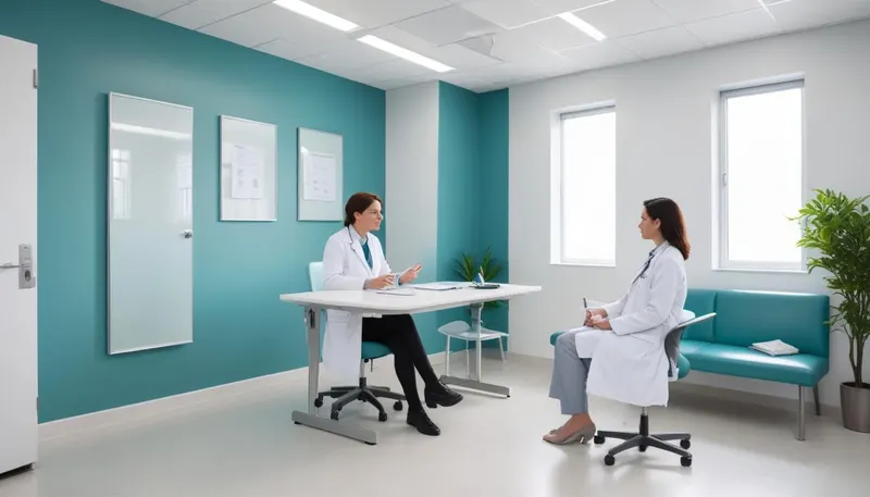 Clinician consulting a patient in a bright clinic