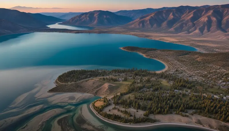Aerial view of an Okanagan lake at sunset