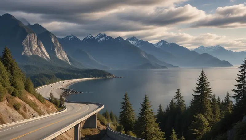 Coastal mountains and a highway along a Pacific inlet under heavy cloud