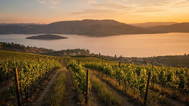 Vineyard rows at golden hour above Okanagan Lake