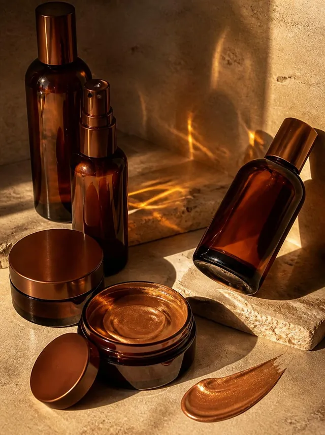 Unlabelled amber lotion bottles and bronzer jars on warm travertine in golden light