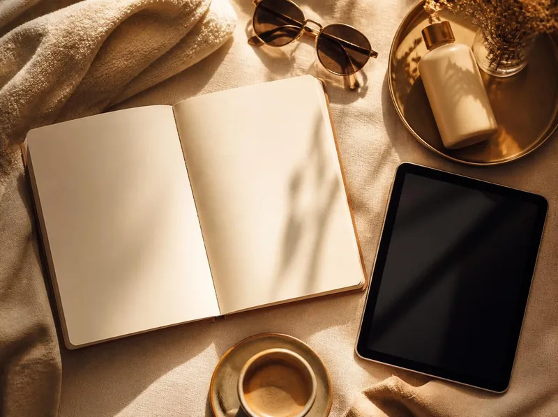 A flat lay of a blank notebook, tablet, sunglasses, lotion and coffee for tanning preparation and aftercare
