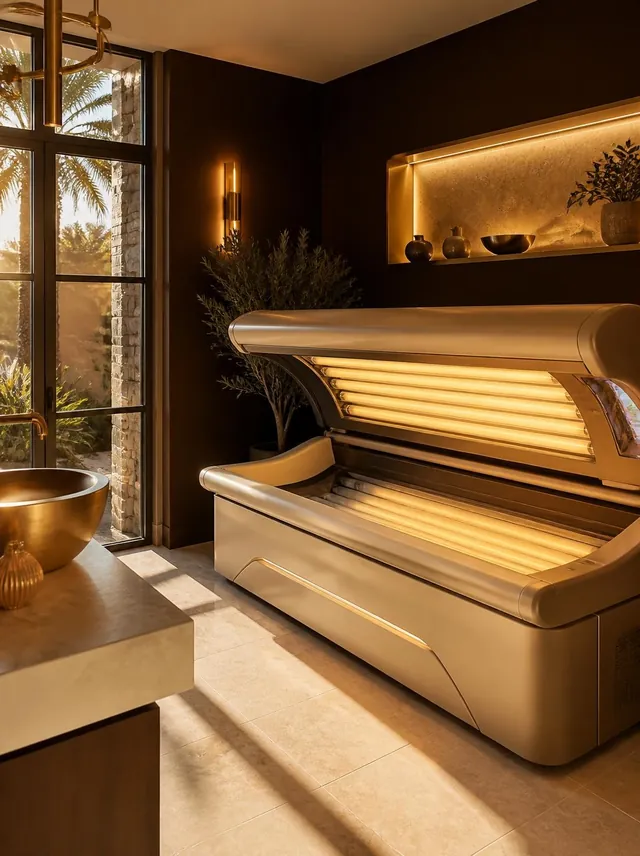 A modern lay-down tanning bed with warm amber light panels in an upscale salon
