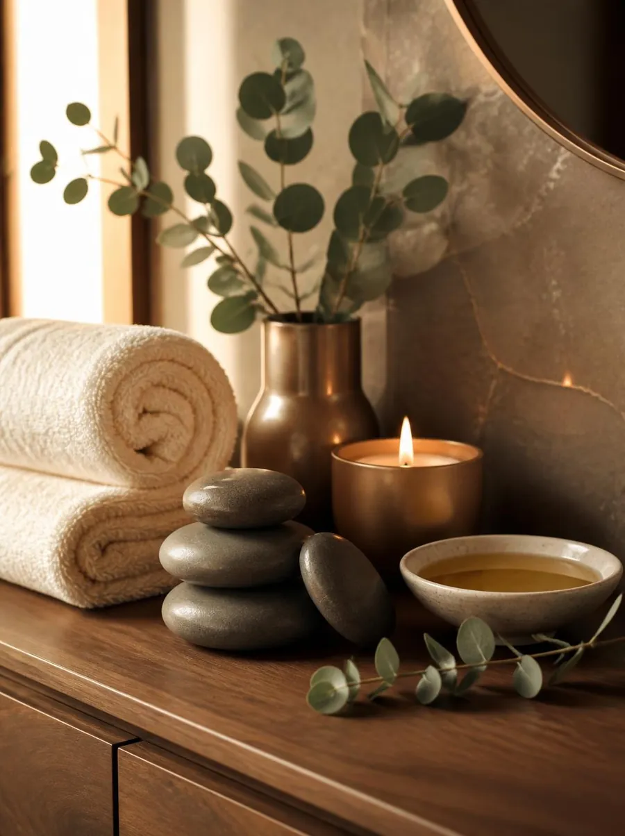 Towels, stones and candlelight in a wellness still life