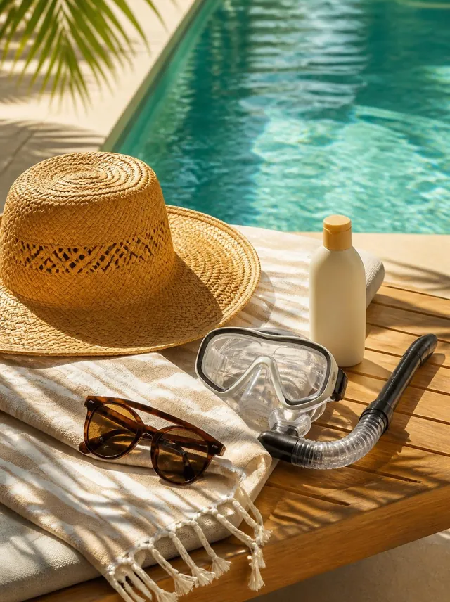 A straw hat, striped towel, sunglasses and snorkel mask beside a turquoise pool