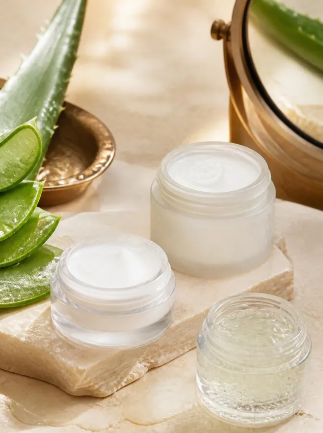 Aloe vera, unlabelled cream jars and hydrating gel for skincare and aftercare