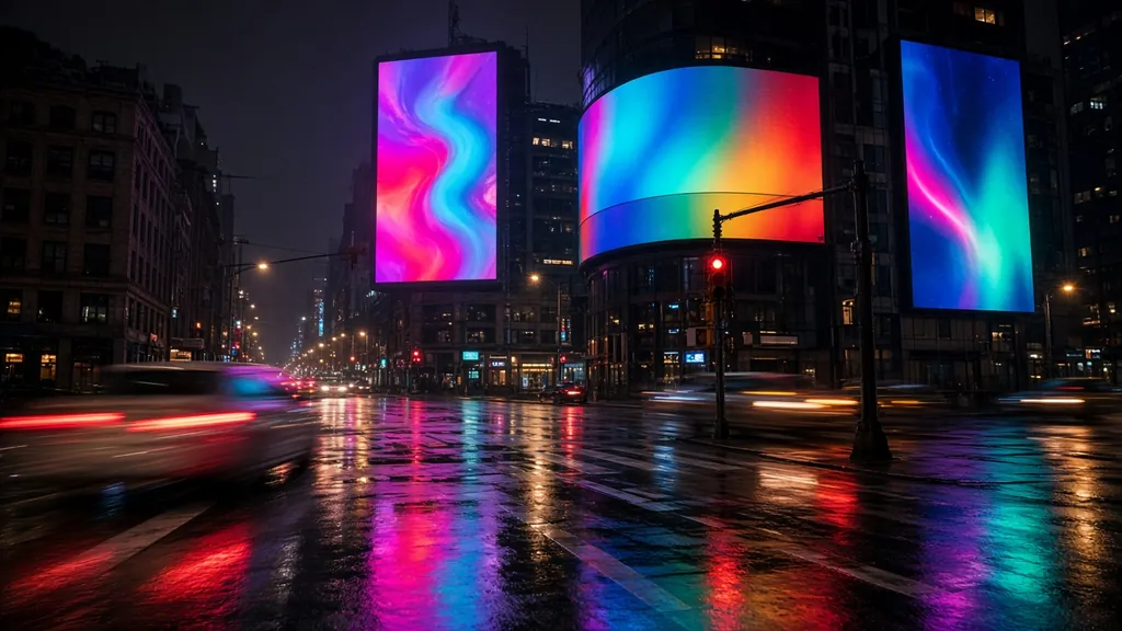 Digital billboards glowing over a rainy city intersection at night