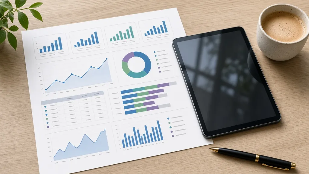 A marketing report with charts, a tablet and coffee on an oak desk