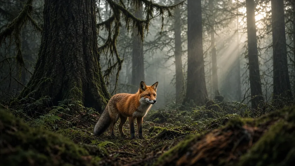 A red fox in a misty old-growth forest at dawn