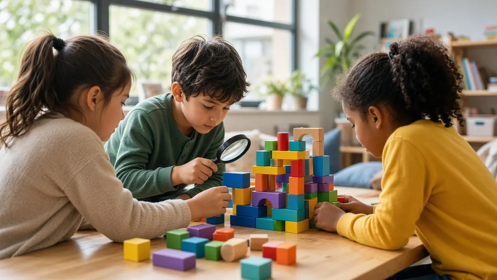 Children exploring wooden blocks with a magnifying glass in a bright classroom