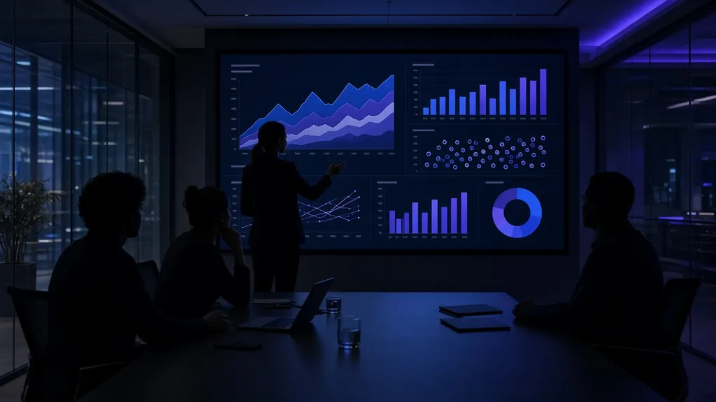 A strategy team reviewing charts on a wall screen in a dark boardroom