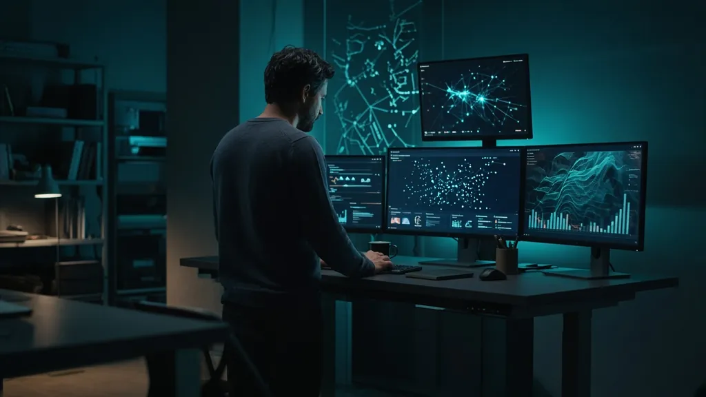 An analyst at a standing desk with several monitors in a teal-lit room