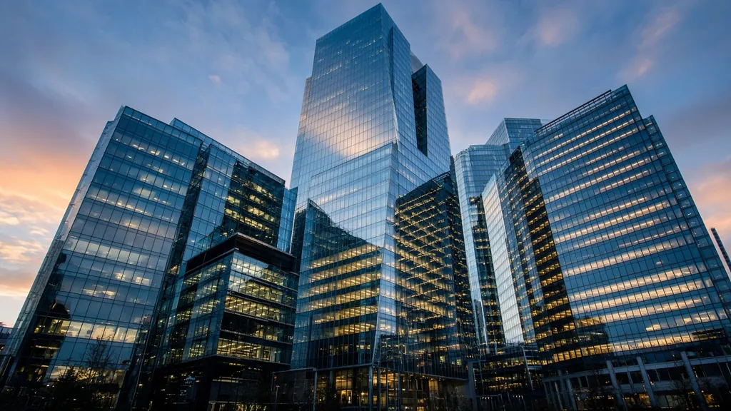 Glass office towers at dusk seen from street level