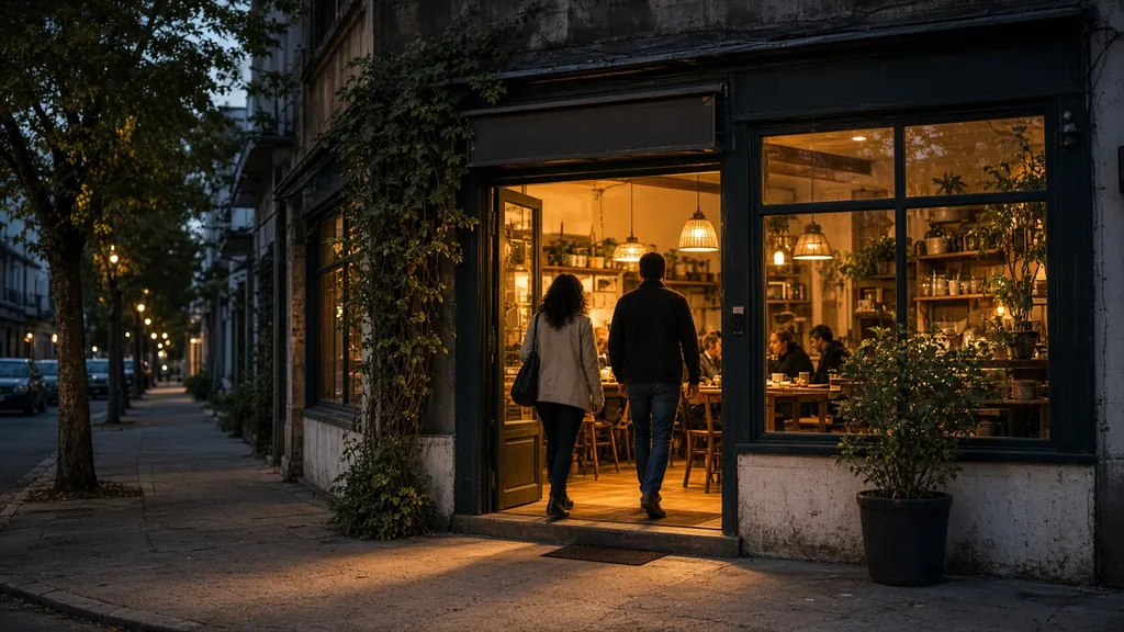 Customers walking into a warmly lit neighbourhood cafe at dusk