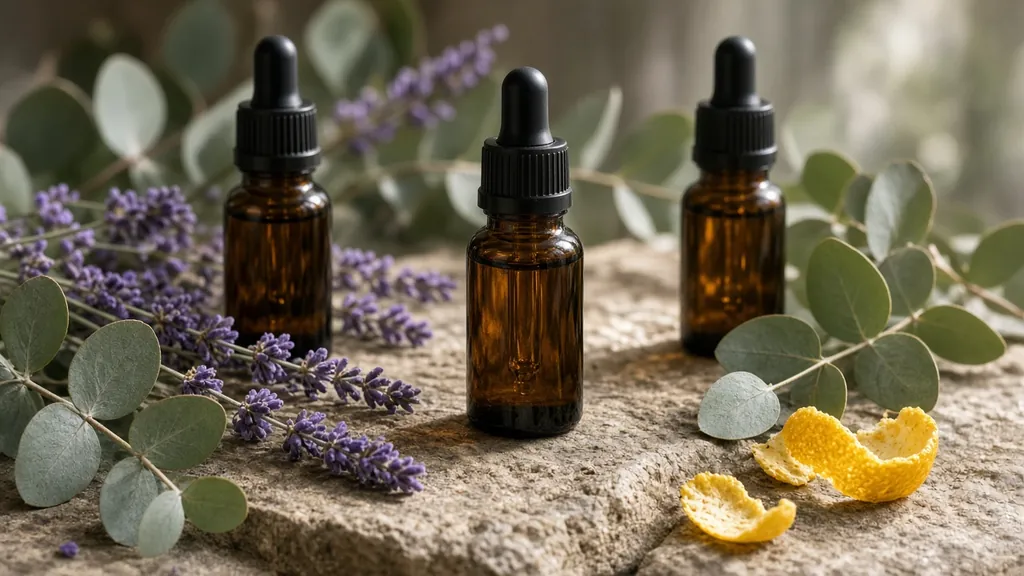 Amber dropper bottles with lavender, eucalyptus and citrus peel on stone