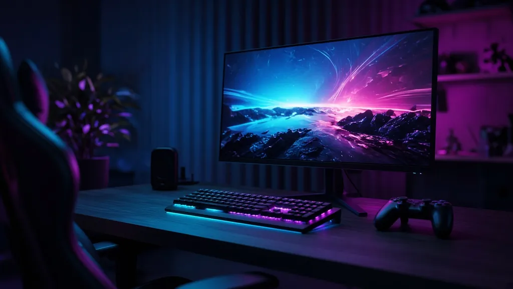 A gaming desk with RGB keyboard, controller and glowing monitor