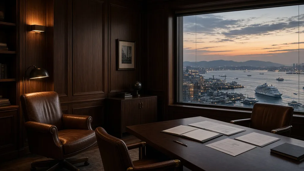 A walnut-panelled investment office overlooking a harbour at dusk