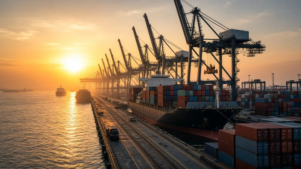 Container port cranes loading a cargo ship at sunrise