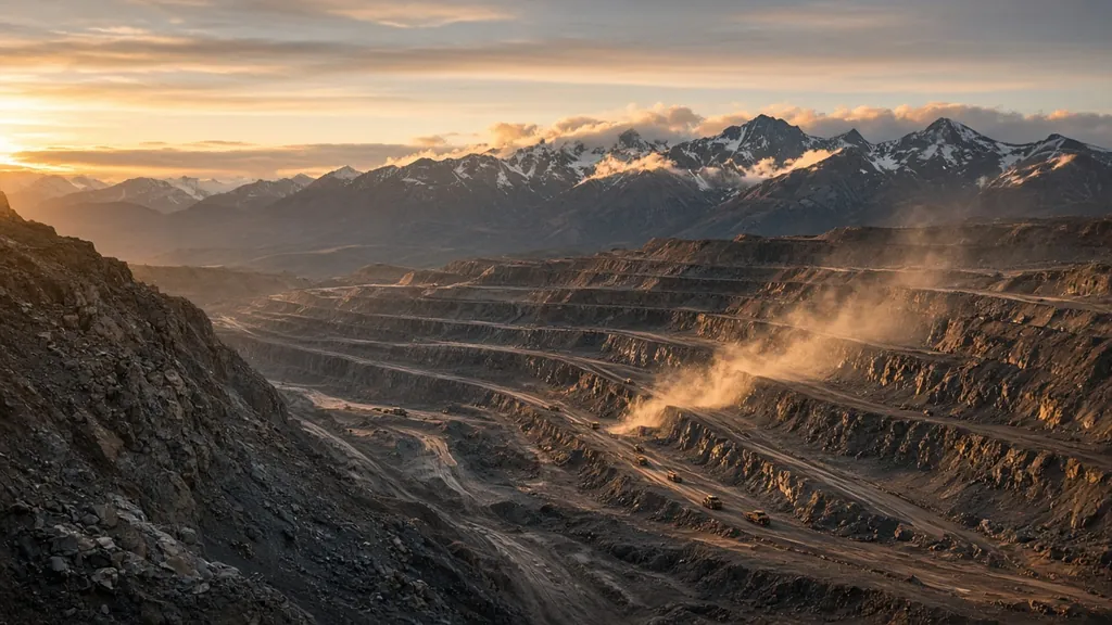Open-pit mine terraces at golden hour with mountains behind