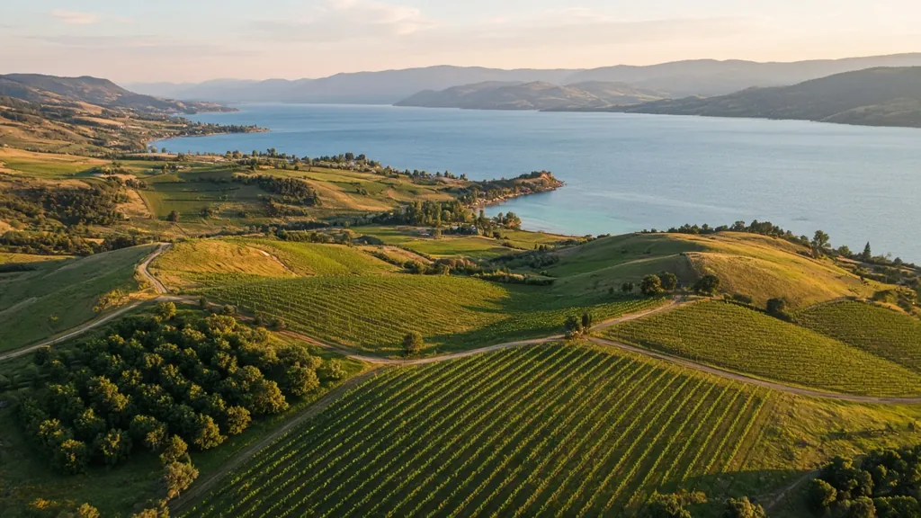 Aerial view of vineyards above Okanagan Lake in golden light