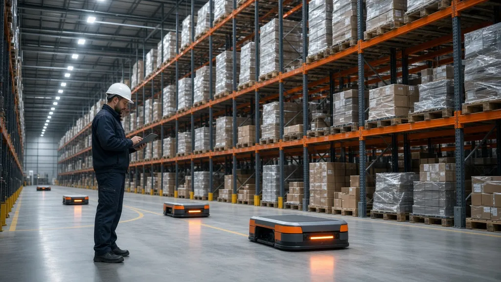 A worker with a tablet in a warehouse with autonomous carts