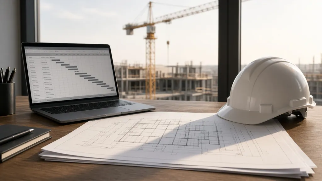 Blueprints, a hard hat and a laptop with a construction crane outside