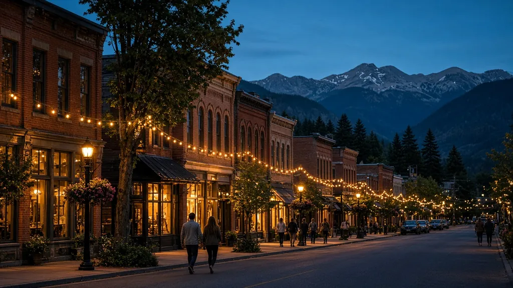 A heritage main street with string lights and mountains at blue hour