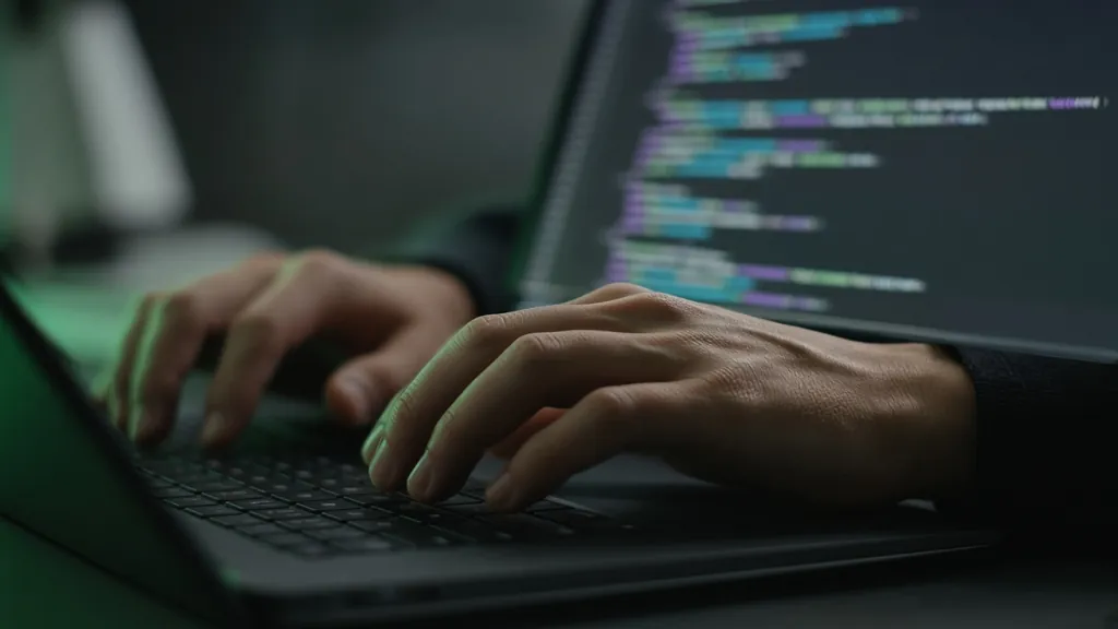 Hands typing on a laptop with code on screen
