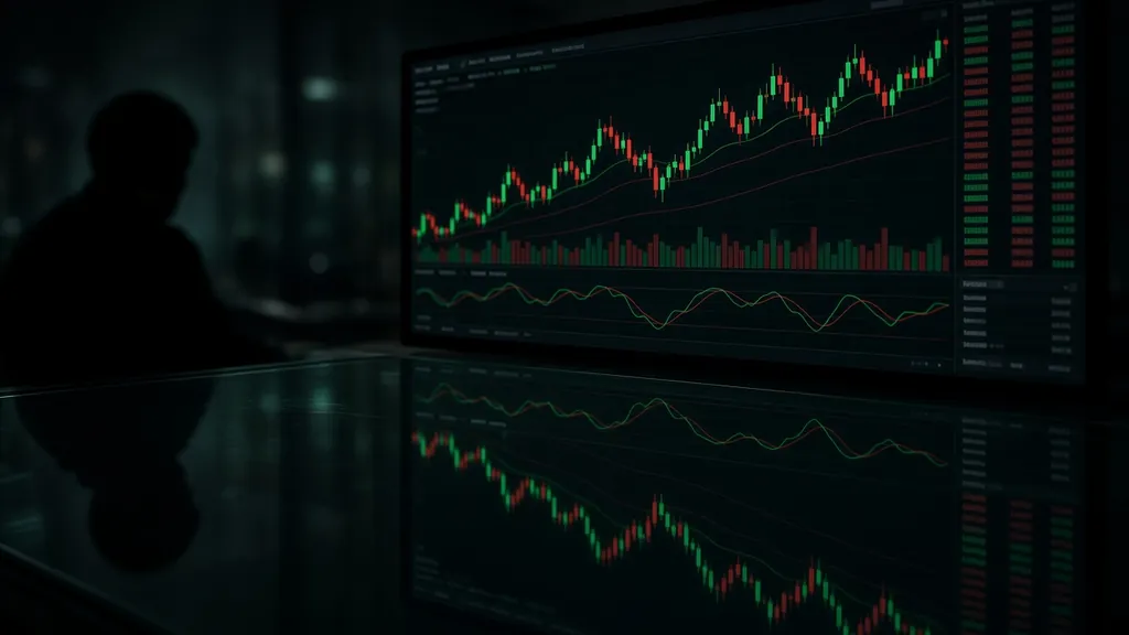 Candlestick charts on a screen reflected in a dark glass desk